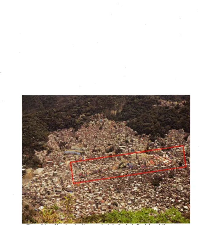 Figure 3.1  -Vue des airs d'une partie de lafavela de Rocinha, où l'on peut  distinguer un  des projets d'embellissement consistant  à  peindre les façades des 