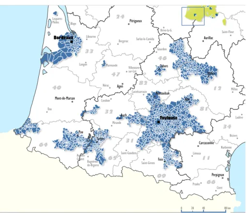 Figure 3 – Zonage communal du pôle Aerospace Valley 0 20 40 80 km334012246431113281474609656682 34DaxCéretNéracBlayeMuretPradesFigeac LodèveLangonCondomMillauLimouxCastresBayonneGourdonBéziersMirandePamiersMarmandeLibourneBergeracNarbonneSaint-FlourSaint-G