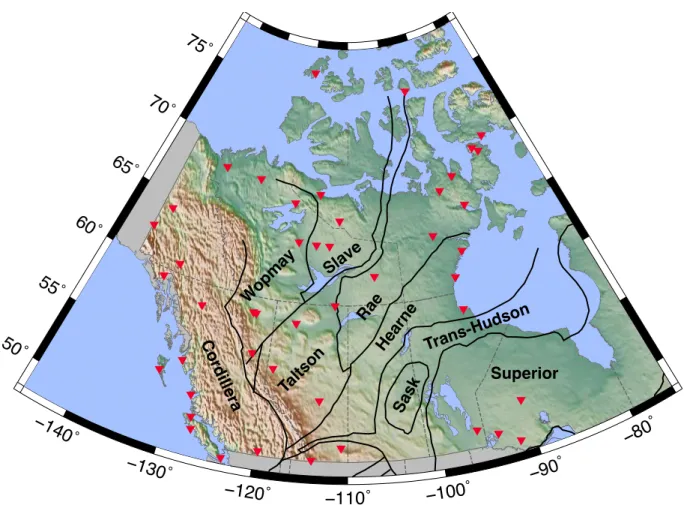 Figure 1: Seismic stations used in this study (red triangles), overlain on topography