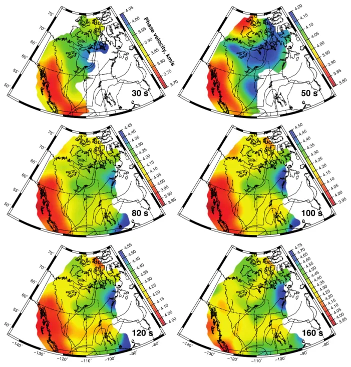 Figure 7: Recovered Rayleigh phase-velocity maps at six periods. The colour scale varies 466 
