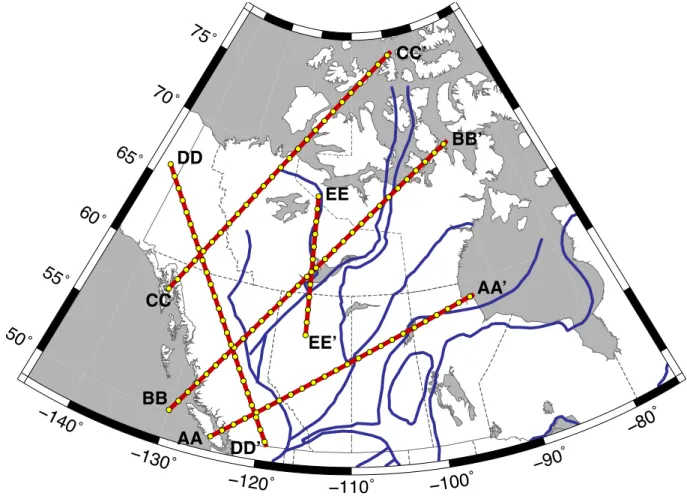 Figure 9: Locations of transects (red lines) inverted to form cross-sections. Yellow dots mark 473 