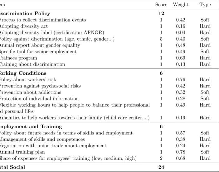 Table 2.3: The social dimension: items, scores and weights
