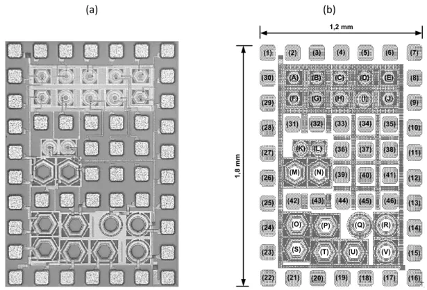 Figure 3.6 Illustrations du premier prototype montrant (a) une photographie et (b) le schéma de masque et la  numérotation des puces et des plots d’interconnexion