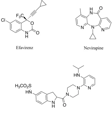Figure 21 Structures de quelques NNRTI  approuvés par la FDA –  Ces composés  agissent comme inhibiteurs non-compétitifs