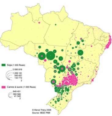 Fig. 3.4. Main feedstock for biofuels in Brazil: soybeans and sugar cane. Map created by Hervé Théry, published in Déméter 2008.