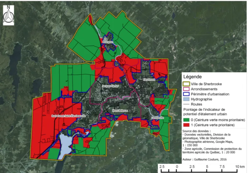 Figure 3 : Carte de la ville de Sherbrooke hors de son périmètre d'urbanisation pour l’indicateur de  potentiel d’étalement urbain 