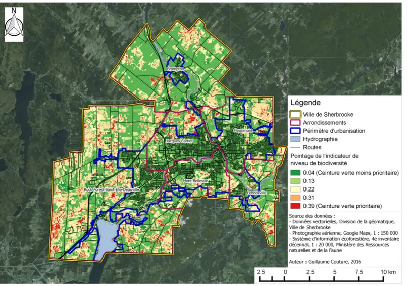 Figure 4 : Carte de la ville de Sherbrooke pour l’indicateur de niveau de biodiversité 