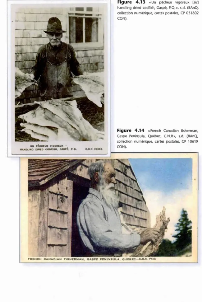 Figure  4.13  « Un  pêcheur  vigoreux  [ s i c ]  hand l ing  dried  codfish,  Gaspé ,  P