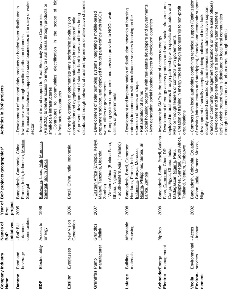 Table 1.3: Overview of Companies' BoP initiatives and their field projects 