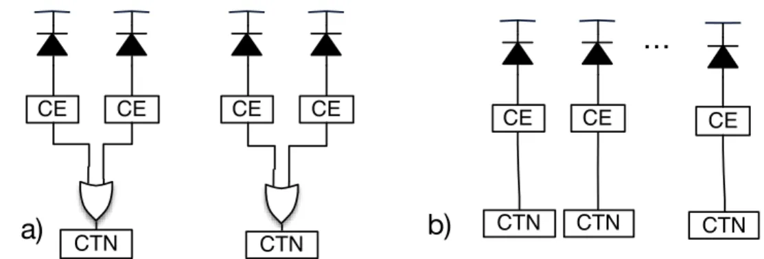 Figure 3.5 Différentes configurations de lecture à CTN multiples, soit avec des CTN partagés (a) ou avec un CTN par PAMP (b) [Mandai et coll., 2012].