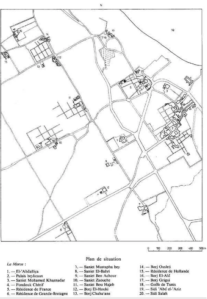 Figure 4 : Plan des situation des palais beylicaux et autres résidences secondaires dans la région de 