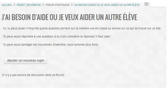 Figure 10   Capture d'écran de notre DNA illustrant la section &#34;forum&#34; où l'élève peut  demander de l'aide à l'enseignante, l'enseignant ou encore aux autres élèves