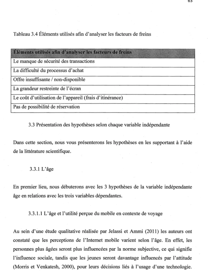 Tableau 3.4 Éléments utilisés afin d'analyser les facteurs  de freins 