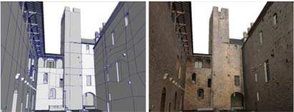 Figure 12. L’extraction et le plaquage des textures sur la maquette 3D de la cour du midi du chateau Comtal à 