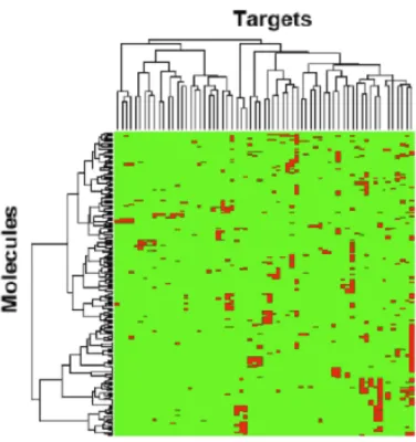 Figure 3.2: Example of matrix of known interactions between molecules and targets. Red squares correspond to known interactions, green squares correspond to unknown interactions