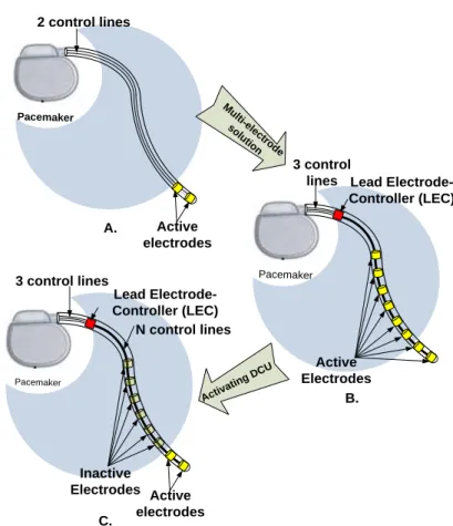 Figure 0-7: (a) une sonde de stimulation bipolaire simple, (b) une sonde multi-électrodes avec LEC, (c) ) une  sonde multi-électrodes avec DCU activée  qui le transforme en une sonde bipolaire 