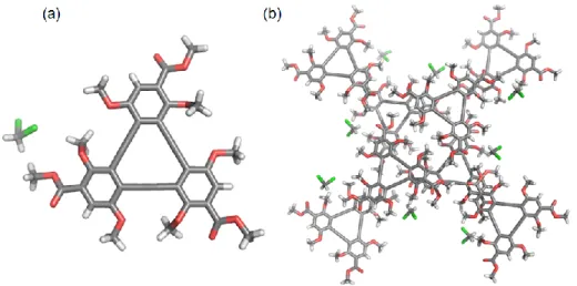 Figure 46. Structure cristalline du TBC-ester 1.95 : (a) conformation moléculaire, (b) réseau  moléculaire d’une maille cristalline de 1.95