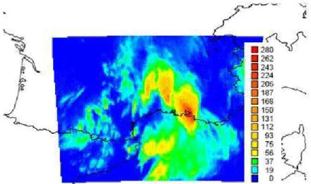 Figure 8 : Cumul de pluie (mm) via les sorties du modèle Méso-NH pendant 18h pour l’évènement  cévenol, à partir du 6 septembre à 00h00