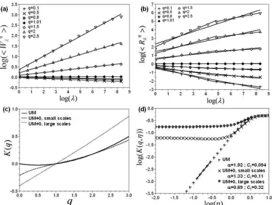 Figure 22 : (a) Analyse TM de W λλλλ , (b) Analyse TM de R λλλλ , (c) K(q) pour R λλλλ , et (d) Courbe de determination  de C 1  et  α ααα , pour des simulations avec les paramètres C 1 =0.1,  αα αα =1.9,  γγγγ 0 =0.1 and p 0 =0.5 