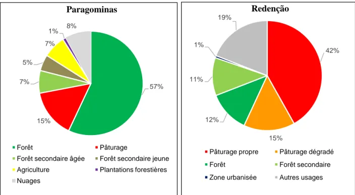 Figure 2-14 : Usage des sols à Paragominas et Redenção.Source des données de Paragominas : Pimentel (2016) 