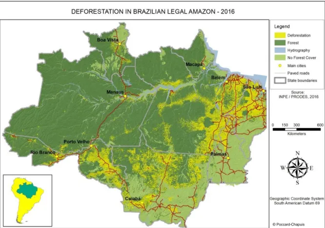 Figure 1-3 : Localisation des déforestations cumulées jusqu’en 2016 en Amazonie Légale.Source : Carte 
