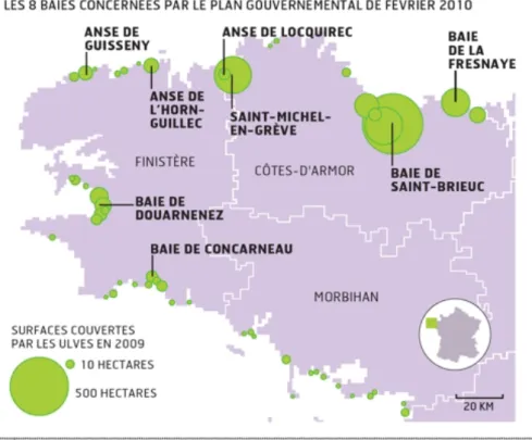 Figure 2.1: Surface covered in Ulva in Brittany during the year 2009 1 . The green circles represent