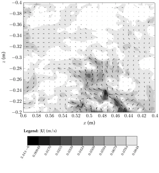 Figure 7.2: An instantaneous velocity ﬁeld recorded using PIV in two grids generated turbulence oscillating in phase at f = 1.67 Hz and ∆ = 10 cm.
