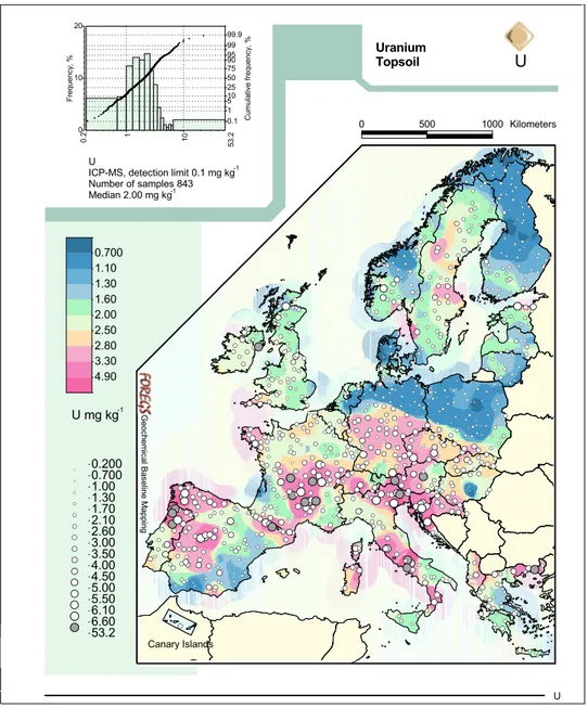Figure I.1 – Répartition des concentrations en uranium dans les sols de surface européens (en mg kg −1 ) (Salminen, 2005)