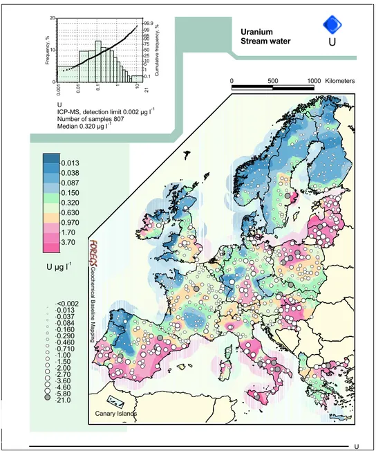 Figure I.2 – Répartition des concentrations en uranium dans les cours d’eau européens (en µg L −1 ) (Salminen, 2005)