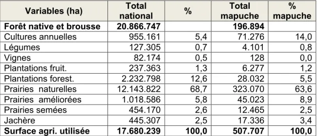 Tableau 2 : Superficie productive nationale et poids relatif  de l’agriculture  mapuche sur le total national 