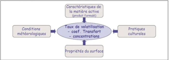 Figure 2: Facteurs influençant le flux de volatilisation des pesticides après leur application au 