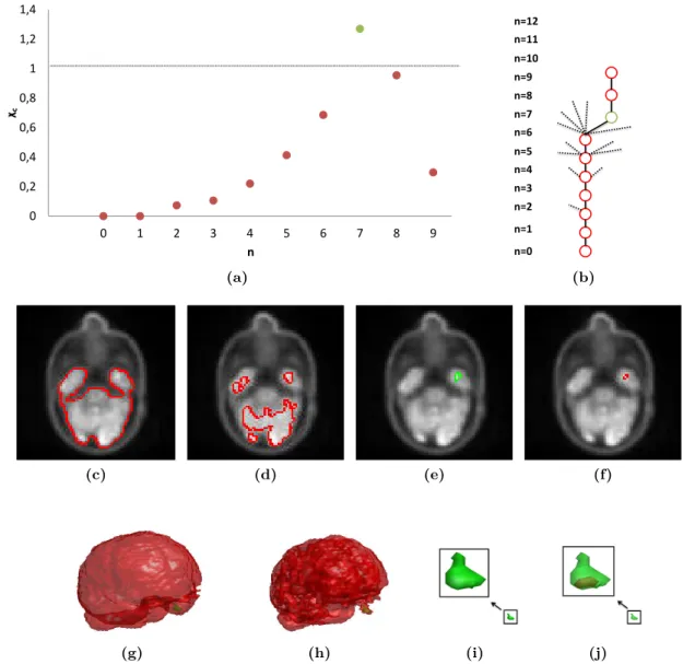 Figure 3.3 : Evolution de valeur de critère χ c sur une branche du max-tree de l’image TEP du patient LC3.