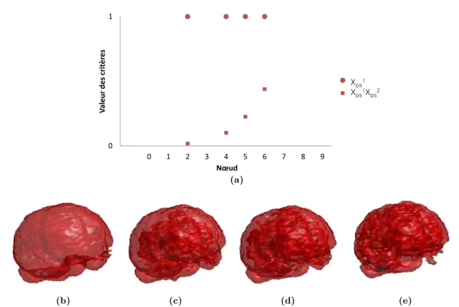 Figure 3.4 : Evolution de la valeur du critère χ ps sur une branche du max-tree de l’image TEP du patient