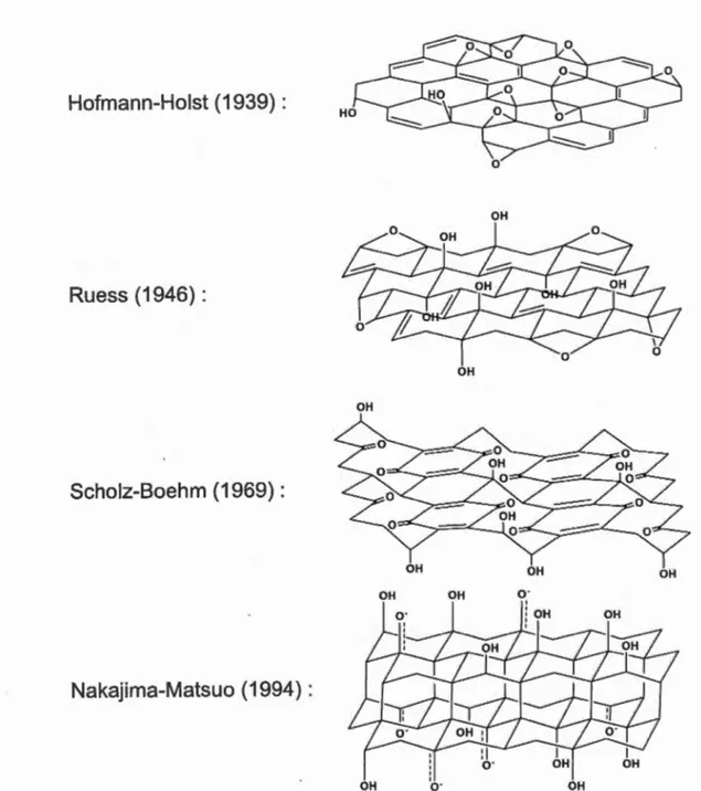 Figure 1.3  Structure de l'oxyde de graphène selon  les  modèles de Hofmann-Holst, de 