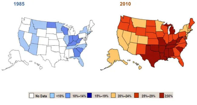 Figure 1 : Evolution de la prévalence de l’obésité aux Etats-Unis entre 1985 et 2010 (d'après  CDC 2011)
