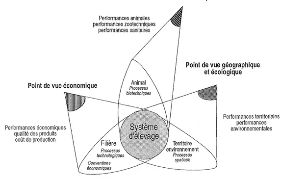 Figure I.1. Trois points de vue sur les systèmes d’élevage. Source : (Landais et Bonnemaire, 1996)