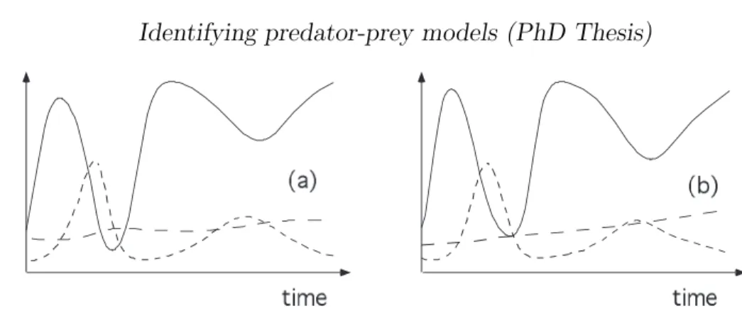 Figure 2.1: Numerical example of a 3-level food chain ‘prey-predator-top predator’ with prey-dependent (a) or ratio-dependent (b) functional response