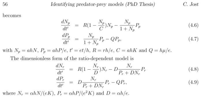 Figure 4.2: Typical isoclines of the prey-dependent model (left) and the ratio- ratio-dependent model (right)