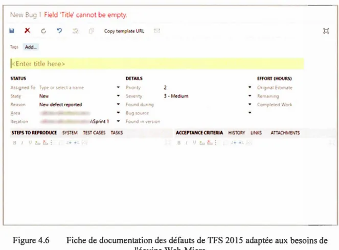 Figure 4.6  Fiche de documentation des défauts de TFS 2015  adaptée aux besoins de 