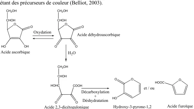 Figure I-4 : Principaux produits de dégradation de l’acide ascorbique en présence d’oxygène  (Belliot, 2003)