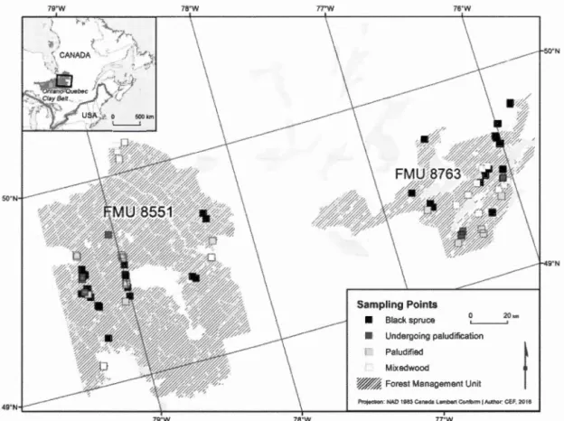 Figure  1 . 1 .  Location  of sampling  sites  by  forest  cover  type  m  northwestern  Québec, 