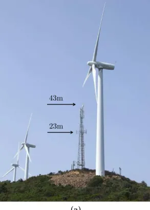 Figure 2.17: (a) photo of the mast and the vertical positioning of the sonic anemometers in the Ersa wind farm; (b) the crest of  Tor-ricella over which the turbines are lined up.