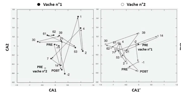 Figure 16 : Graphiques d'ordination représentant l'évolution des communautés bactériennes de la phase liquides  des contenus ruminaux des 2 vaches de l’expérimentation