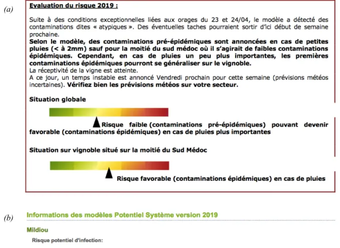 Figure 1.6 : Descriptions du risque d’attaque de mildiou dans le Bordelais extraites de deux bulletins d’alerte : 