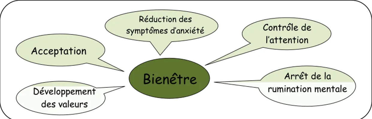 Figure 11 - Bienfaits de la pratique de la pleine conscience chez la chercheuse. Créée  par Nathacha Comtois (2016), adaptée de Barois (2014)