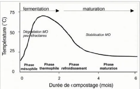 Fig 6 : Phases du compostage : évolution de la température en fonction du temps (adapté de  Francou 2003) 
