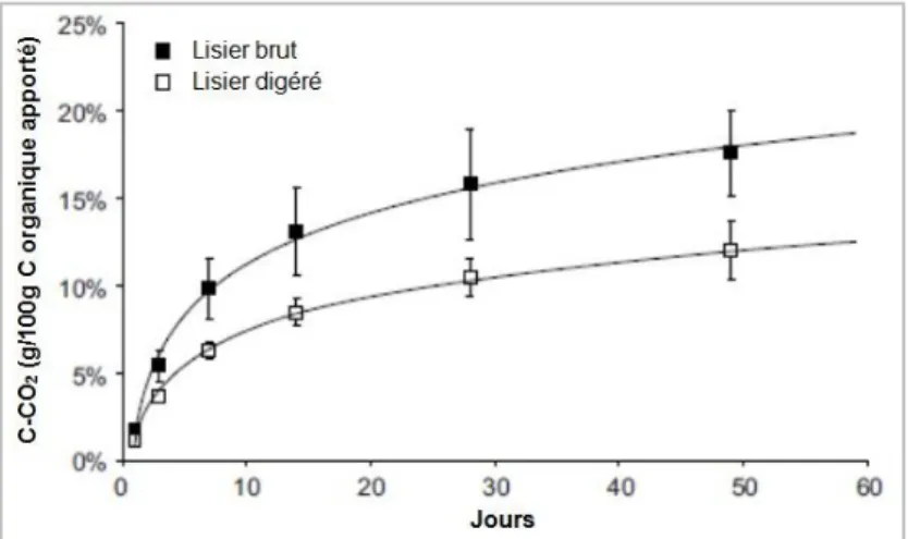 Fig 7 : Minéralisation cumulée du carbone de lisier brut et de lisier digéré durant 60 jours  d‟incubation (Marcato et al., 2009) 