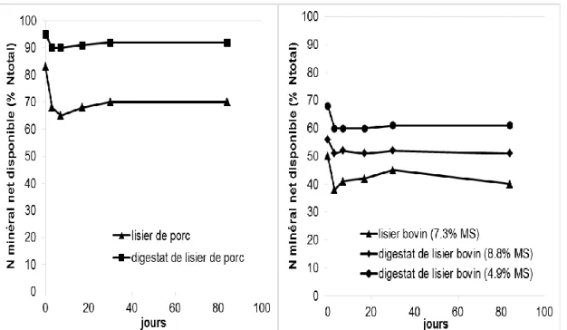 Fig 11 : Disponibilité de l‟azote dans le sol après application de digestats de fumiers porcin et  bovin  et  des  fumiers  non  digérés  respectifs  à  un  sol  sableux  limoneux  (Sorensen  et  Moller,  2008) 