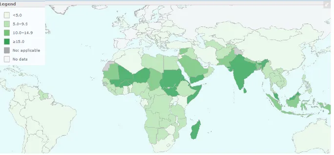 FIGURE 3: PREVALENCE OF WASTING IN UNDER 5 YEARS-OLD CHILDREN (DATA FROM LATEST  AVAILABLE YEAR)