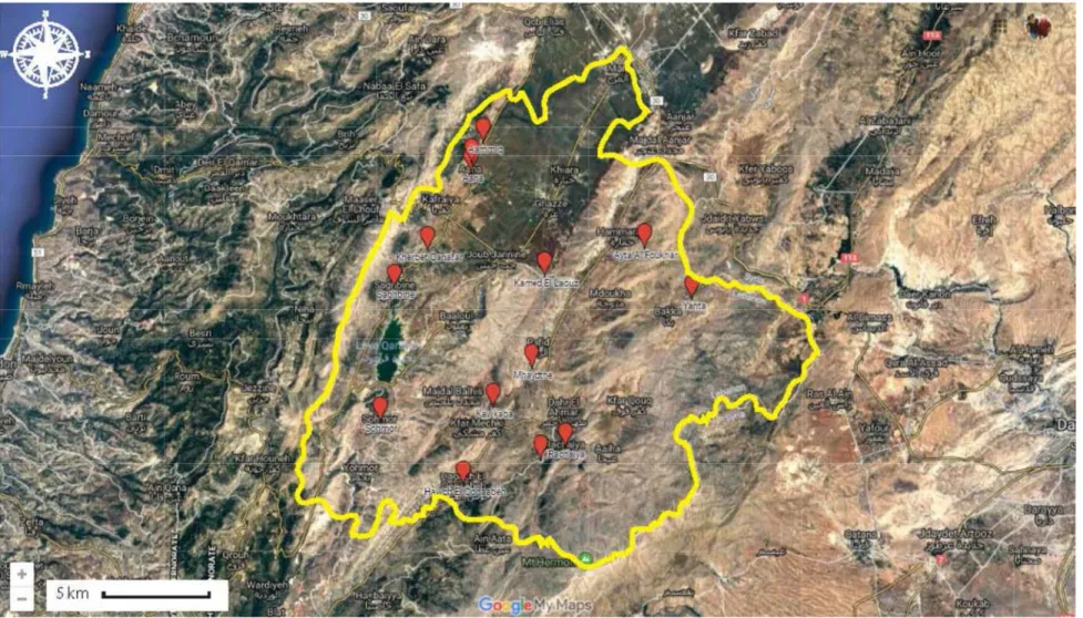 Figure 3: Distribution of the villages in the West Bekaa where small ruminant farmers were surveyed (Source: Google maps)
